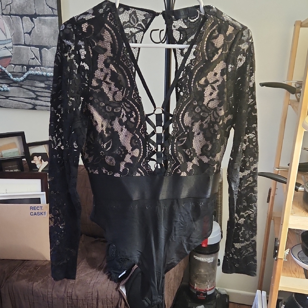 Black Asymmetrical Cut Out Embellished Bodysuit
